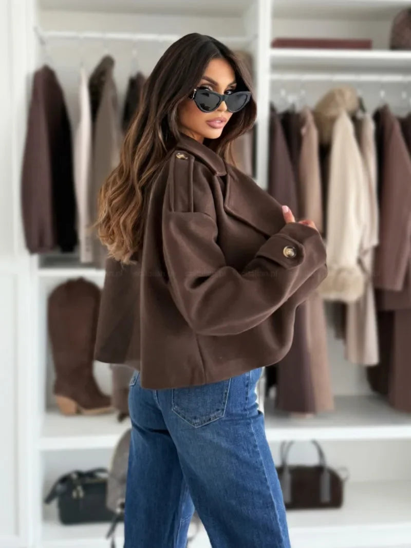 Dames Herfst Winter Kort Type Turn-down Kraag Jas Effen Kleur Losse Knoopsluiting Vest OL Woon-werkverkeer Jas Dame Uitloper