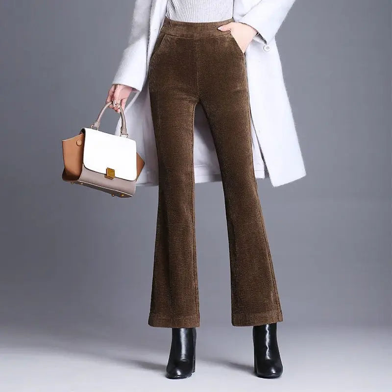 Simplicity Fashion Autumn Winter Corduroy Flare Pants Women Solid Pocket Elastic High Waist Plus Velvet Straight Casual Trousers