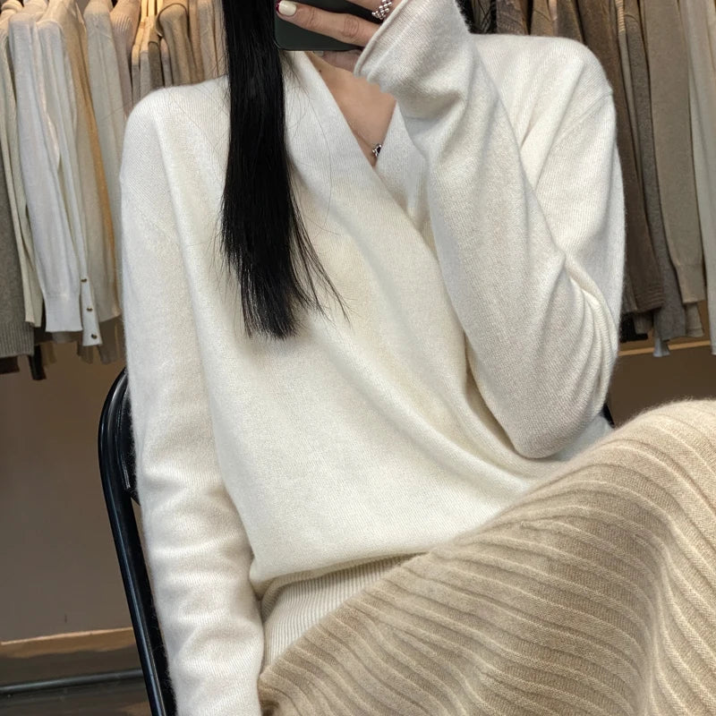 Women's Combined Clothing Autumn And Winter New Item 100% Merino Wool Knitted Sweater Loose Top Sexy Top Cashmere Sweater YC205