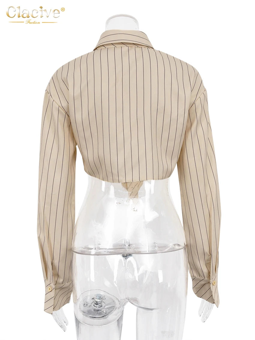 Clacive Fashion Stripe Print Women'S Shirts Elegant Lapel Long Sleeve Blouses Sexy Classic Tie Crop Top Female Clothing 2024