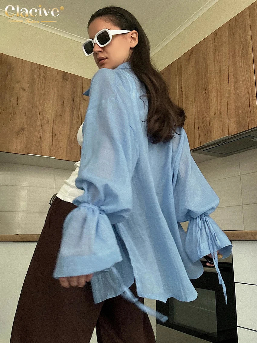 Clacive Fashion Loose Khaki Women's Blouse 2025 Elegant Lapel Long Sleeve Shirt Elegant Classic Solid Top Female Clothing