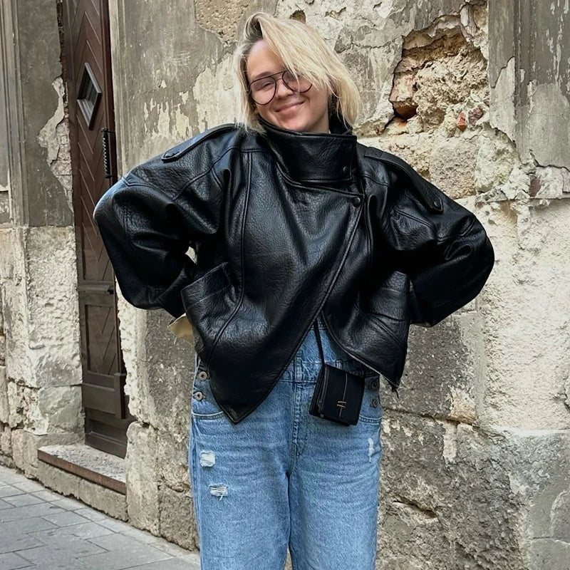 MUJER Black Bomber Jackets for Women Office Faux Leather Women's Jacket Snap Button Winter Coats for Women Overcoat Outerwears