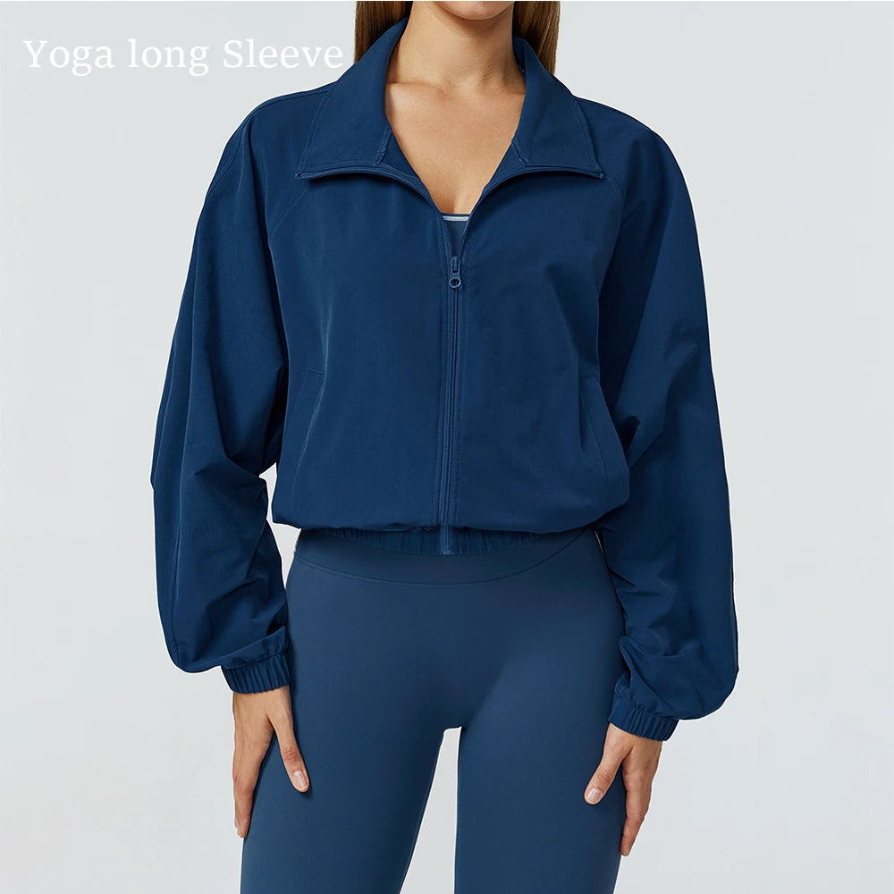 Women Zipper and Pockets Yoga Long Sleeve Gym Fitness Jacket Female Running Workout Sports Tops Windproof Yoga Top Sportswear