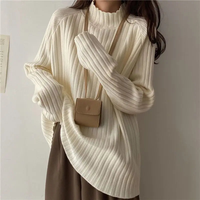 Autumn Winter Fashion All-match Long Sleeve Loose Sweaters Women Clothing Elegant Chic Turtleneck Pullover Casual Solid Knit Top