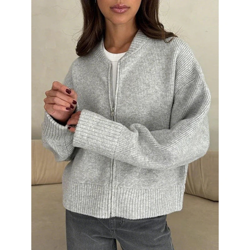 Knit Women Cardigan Casual Full Sleeve Zipper O Neck Pleated Solid Lady Sweater 2025 Autumn Fashion Female Knitwear