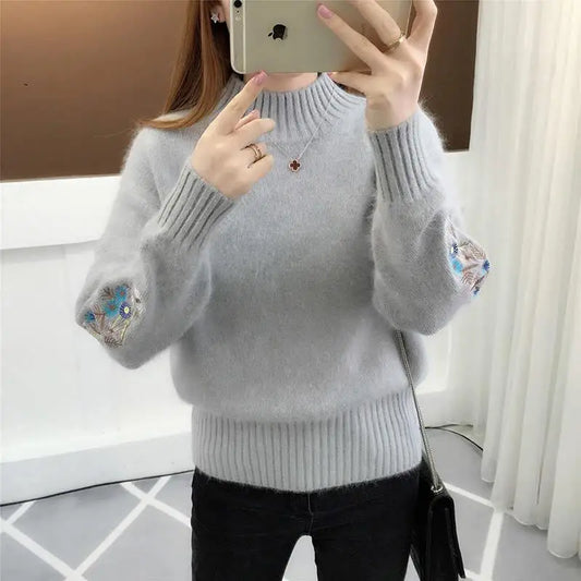 Autumn Winter 2025 New Embroidered Sleeves with Long Sleeves Knit Pullover Women Clothing Vintage All-match O-neckLoose Sweaters