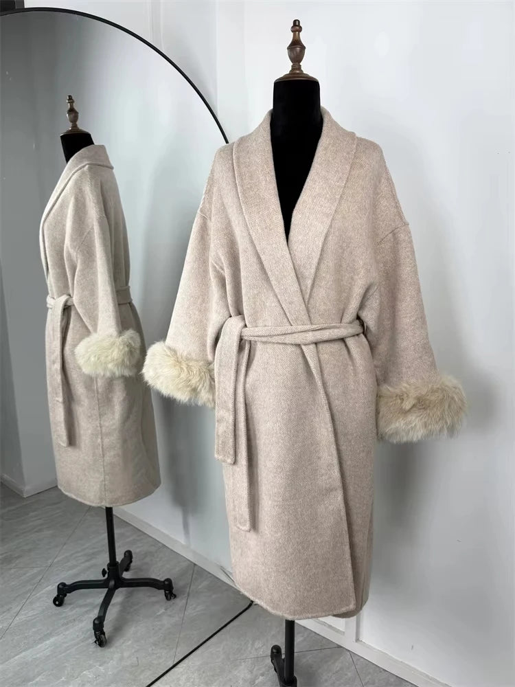 CICI Fox Fur Wool Overcoat Women's Short Coat Office Lady Elegant Double-sided Woolen Coat 2025 New Cardigan Jackets Loose Wool