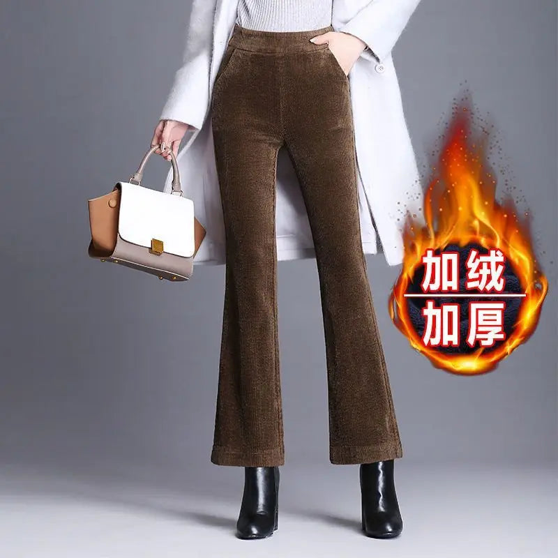 Simplicity Fashion Autumn Winter Corduroy Flare Pants Women Solid Pocket Elastic High Waist Plus Velvet Straight Casual Trousers