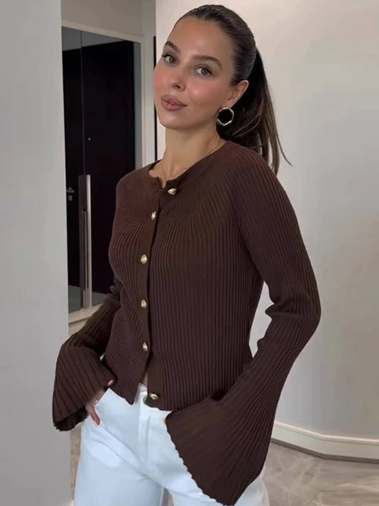 Tornova Long Sleeve Knitted Cardigan For Women Solid Rib Single Breasted Sweater Slim Fashion 2025 Autumn Winter Female Knit Top