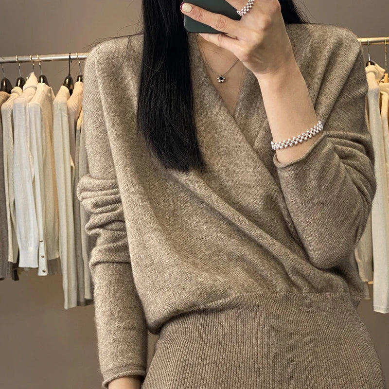 Women's Combined Clothing Autumn And Winter New Item 100% Merino Wool Knitted Sweater Loose Top Sexy Top Cashmere Sweater YC205