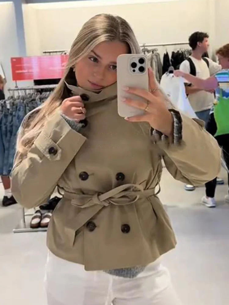 Casual Stand Collar Women Jacket with Belt Elegant New Long Sleeve Single Breasted Coats 2025 Autumn Lady Outerwear High Street