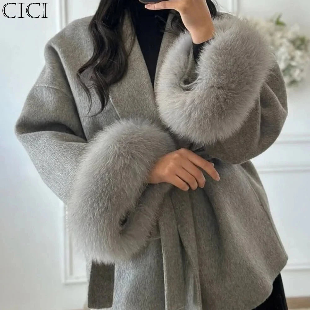 CICI Fox Fur Wool Overcoat Women's Short Coat Office Lady Elegant Double-sided Woolen Coat 2025 New Cardigan Jackets Loose Wool