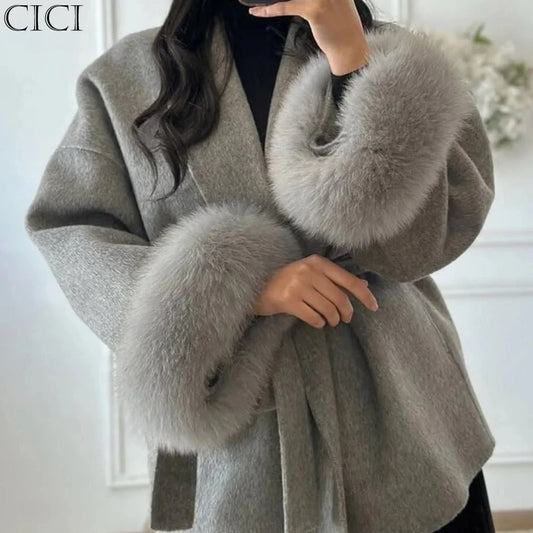 CICI Fox Fur Wool Overcoat Women's Short Coat Office Lady Elegant Double-sided Woolen Coat 2025 New Cardigan Jackets Loose Wool