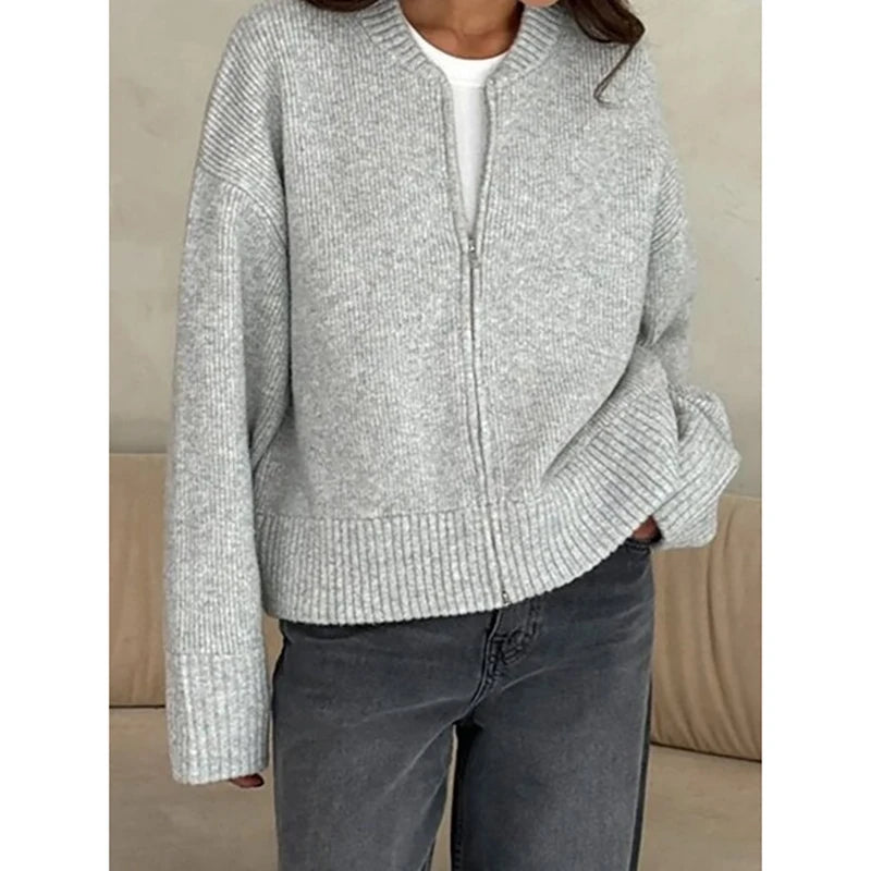 Knit Women Cardigan Casual Full Sleeve Zipper O Neck Pleated Solid Lady Sweater 2025 Autumn Fashion Female Knitwear