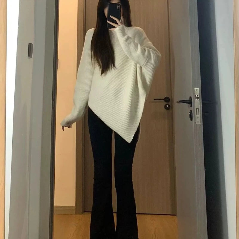 Autumn Winter New Women Sweater Korean Fashion Chic Casual Turtleneck Solid Asymmetr Loose Batwing Sleeve Pullovers Knitted Tops