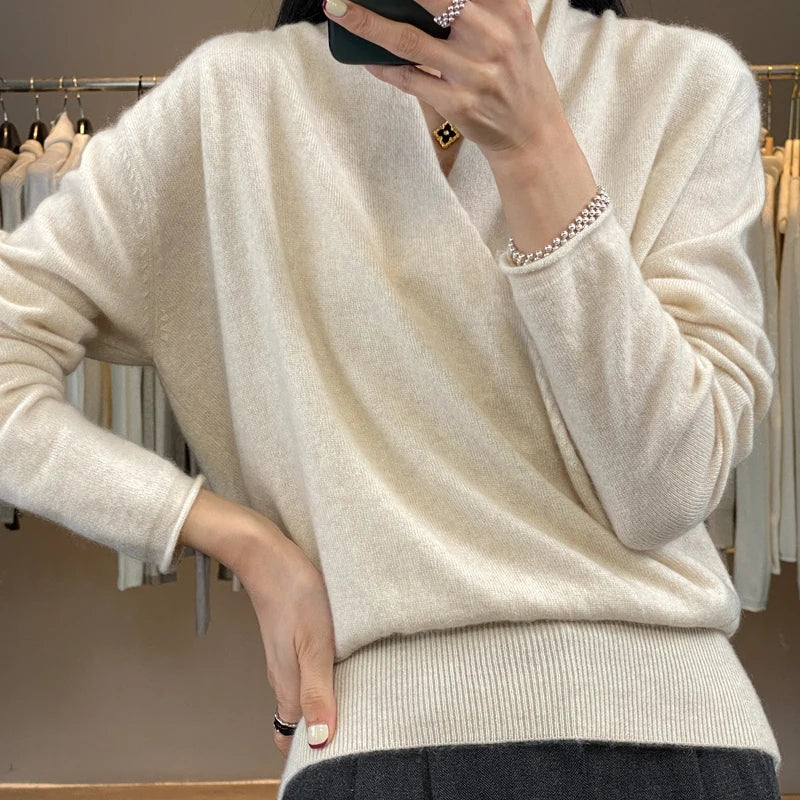 Women's Combined Clothing Autumn And Winter New Item 100% Merino Wool Knitted Sweater Loose Top Sexy Top Cashmere Sweater YC205
