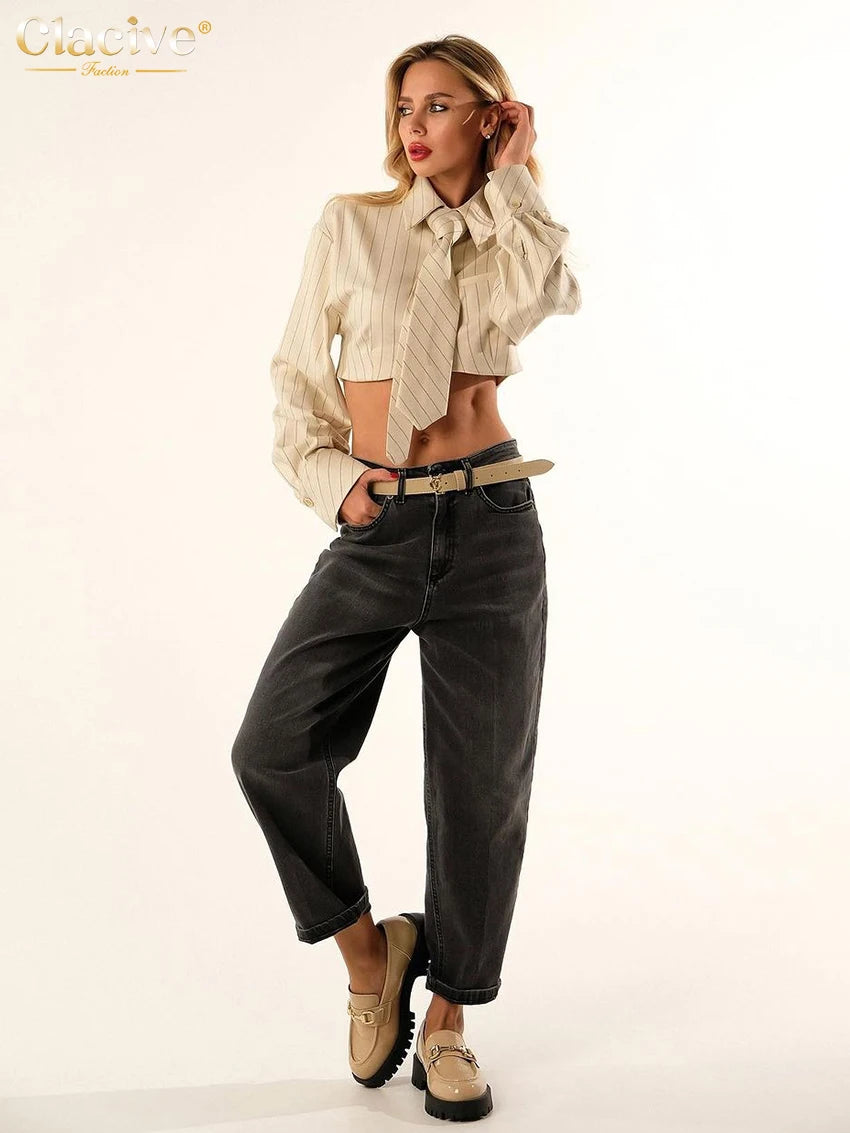 Clacive Fashion Stripe Print Women'S Shirts Elegant Lapel Long Sleeve Blouses Sexy Classic Tie Crop Top Female Clothing 2024