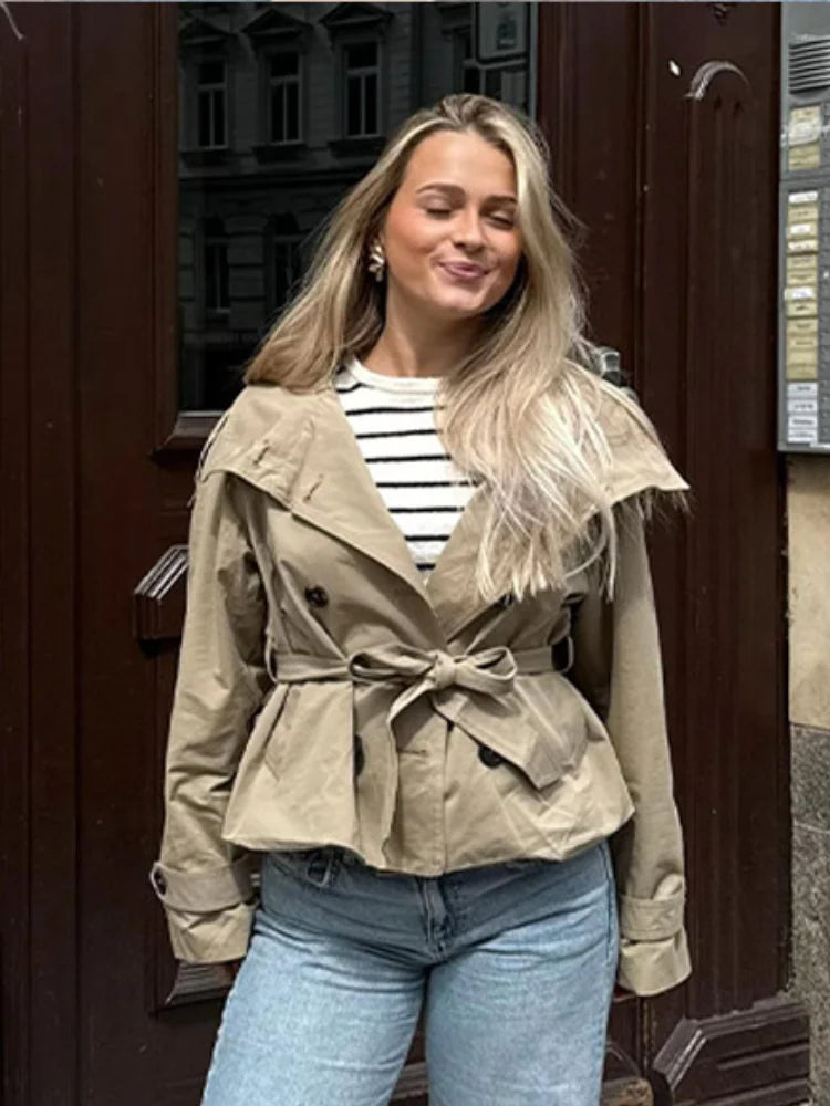 Casual Stand Collar Women Jacket with Belt Elegant New Long Sleeve Single Breasted Coats 2025 Autumn Lady Outerwear High Street