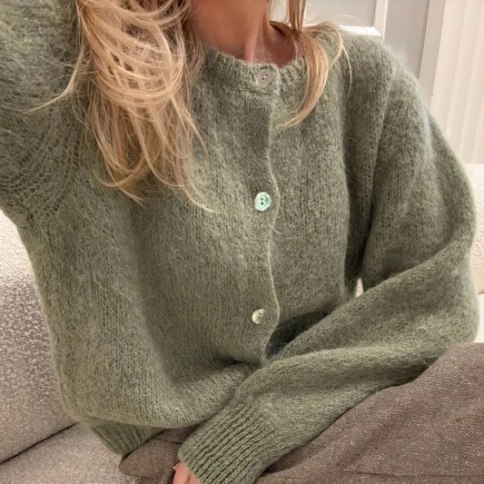 Women Autumn y2k Vintage Crew Neck Knitted Cardigan Basic Single Breasted Long Sleeve Solid Color Button Up Sweaters Crop Tops