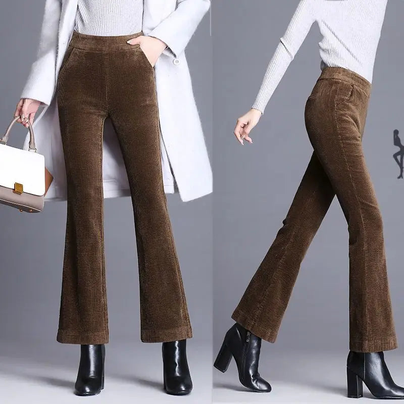 Simplicity Fashion Autumn Winter Corduroy Flare Pants Women Solid Pocket Elastic High Waist Plus Velvet Straight Casual Trousers