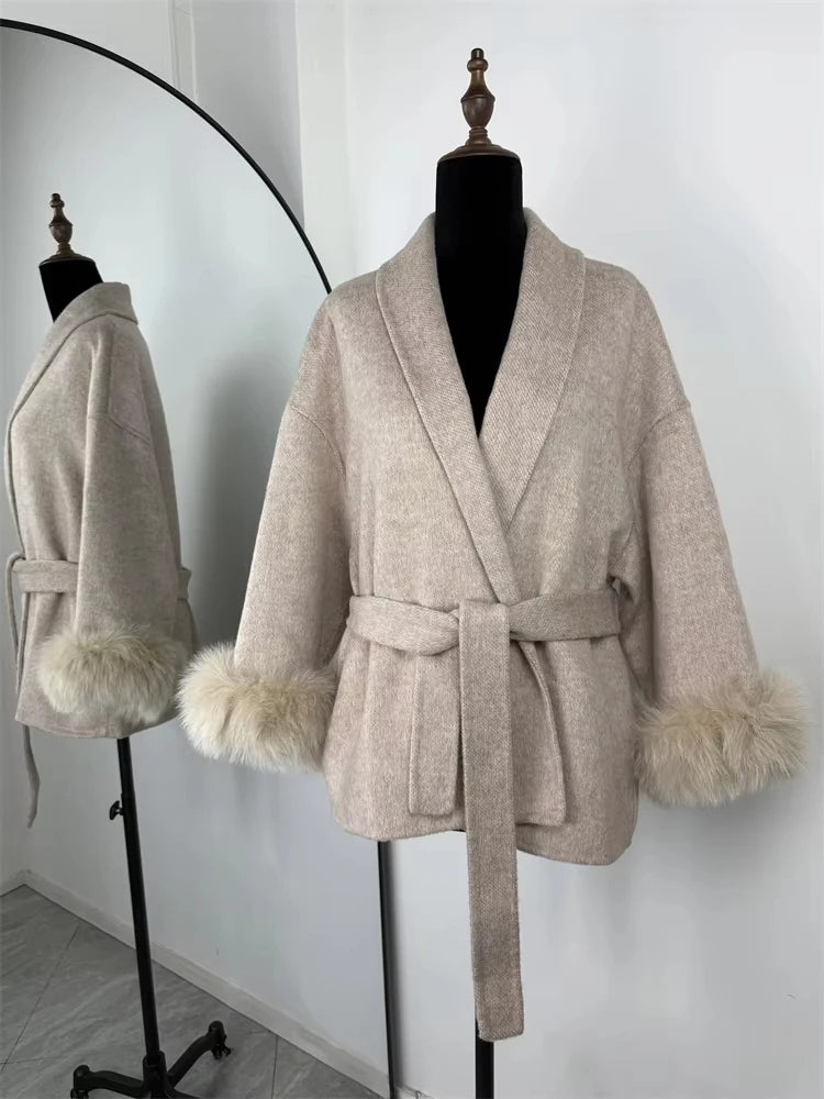 CICI Fox Fur Wool Overcoat Women's Short Coat Office Lady Elegant Double-sided Woolen Coat 2025 New Cardigan Jackets Loose Wool
