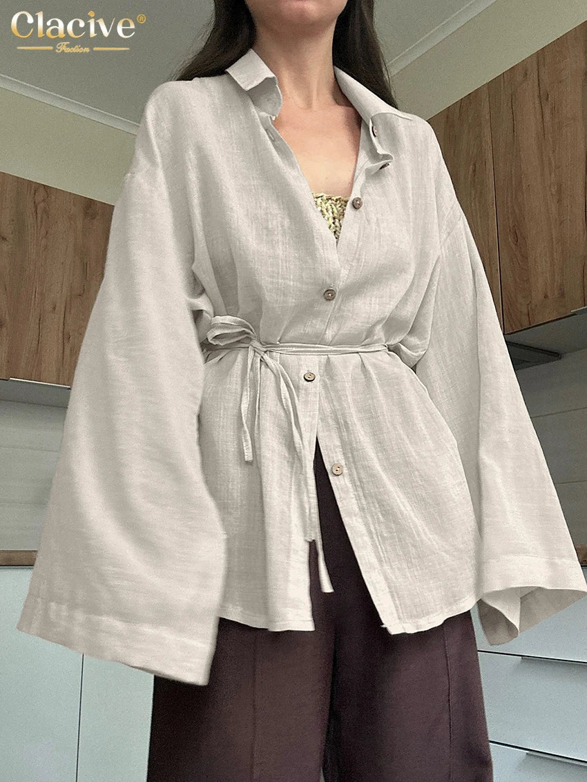 Clacive Fashion Loose Khaki Women's Blouse 2025 Elegant Lapel Long Sleeve Shirt Elegant Classic Solid Top Female Clothing