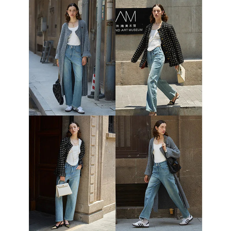 THEME 21 Women's Cotton High-Waisted Straight-Leg Jeans 2025 Fall/Winter New Fashion Casual Slimming Wide-Leg Pants Hot Sales