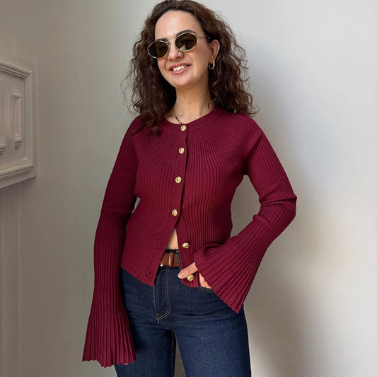 Tornova Long Sleeve Knitted Cardigan For Women Solid Rib Single Breasted Sweater Slim Fashion 2025 Autumn Winter Female Knit Top