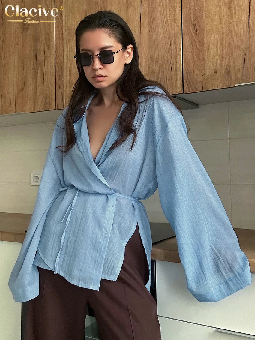 Clacive Fashion Loose Khaki Women's Blouse 2025 Elegant Lapel Long Sleeve Shirt Elegant Classic Solid Top Female Clothing