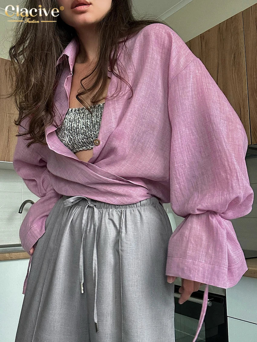 Clacive Fashion Loose Khaki Women's Blouse 2025 Elegant Lapel Long Sleeve Shirt Elegant Classic Solid Top Female Clothing