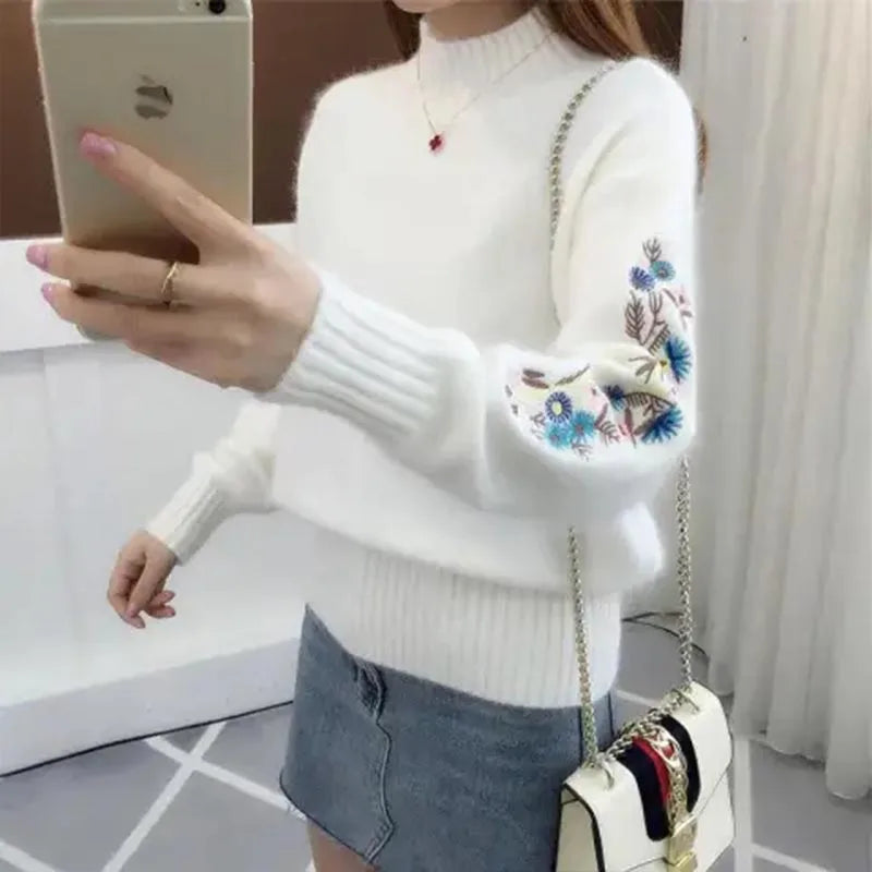 Autumn Winter 2025 New Embroidered Sleeves with Long Sleeves Knit Pullover Women Clothing Vintage All-match O-neckLoose Sweaters