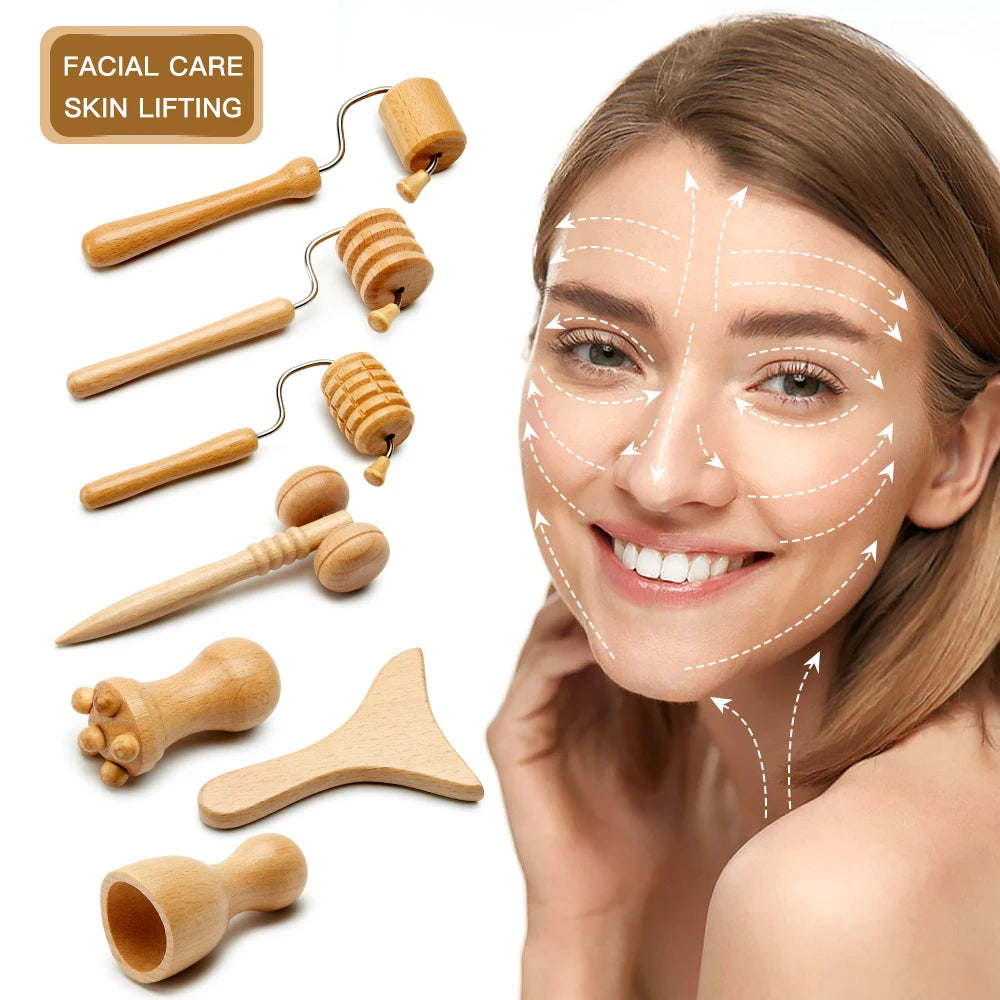 Wooden Face Spa Massager Maderoterapia Face Slimming Massage Roller Wood Therapy Gua sha Facial Lifting Stick Wrinkle Remover
