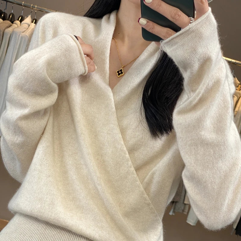 Women's Combined Clothing Autumn And Winter New Item 100% Merino Wool Knitted Sweater Loose Top Sexy Top Cashmere Sweater YC205
