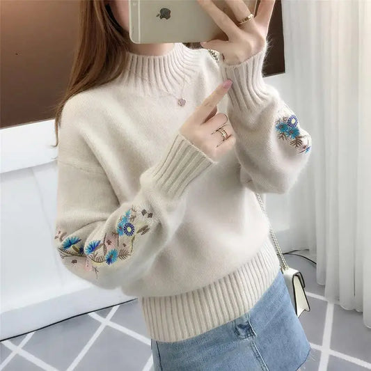 Autumn Winter 2025 New Embroidered Sleeves with Long Sleeves Knit Pullover Women Clothing Vintage All-match O-neckLoose Sweaters