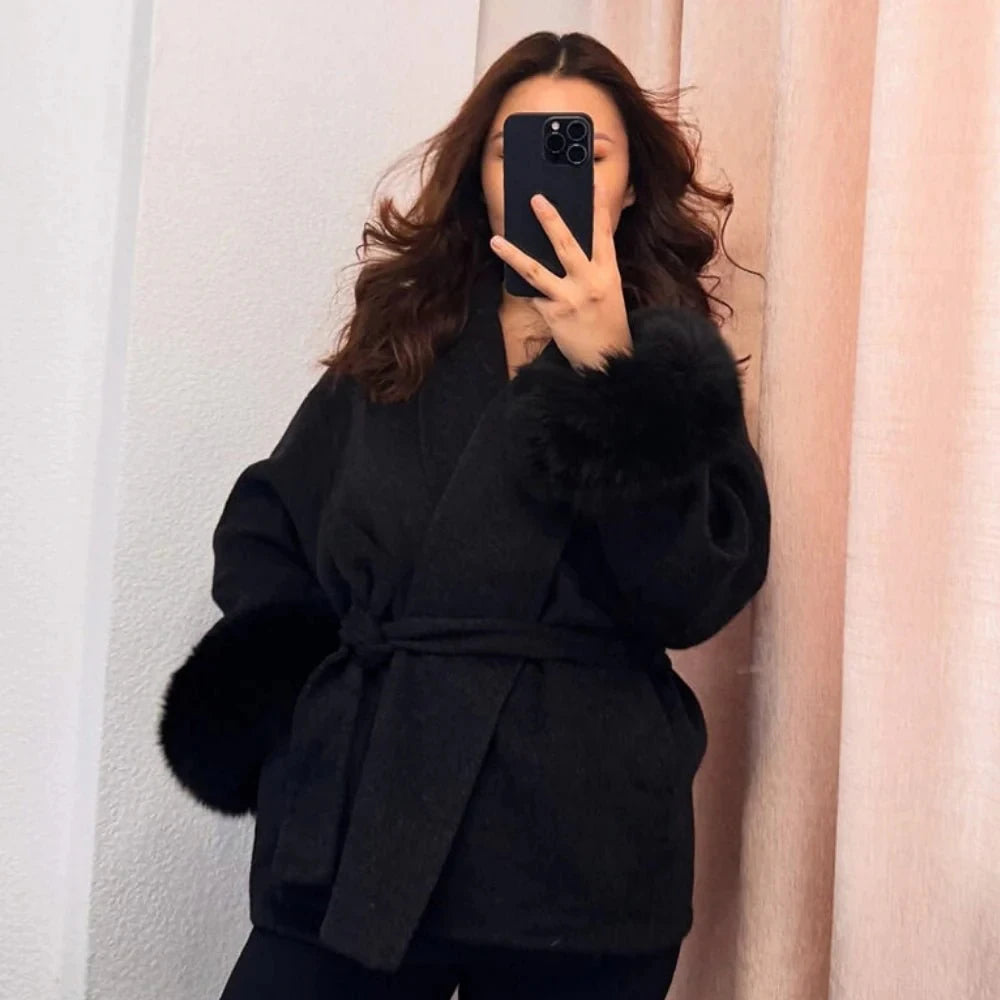 CICI Fox Fur Wool Overcoat Women's Short Coat Office Lady Elegant Double-sided Woolen Coat 2025 New Cardigan Jackets Loose Wool