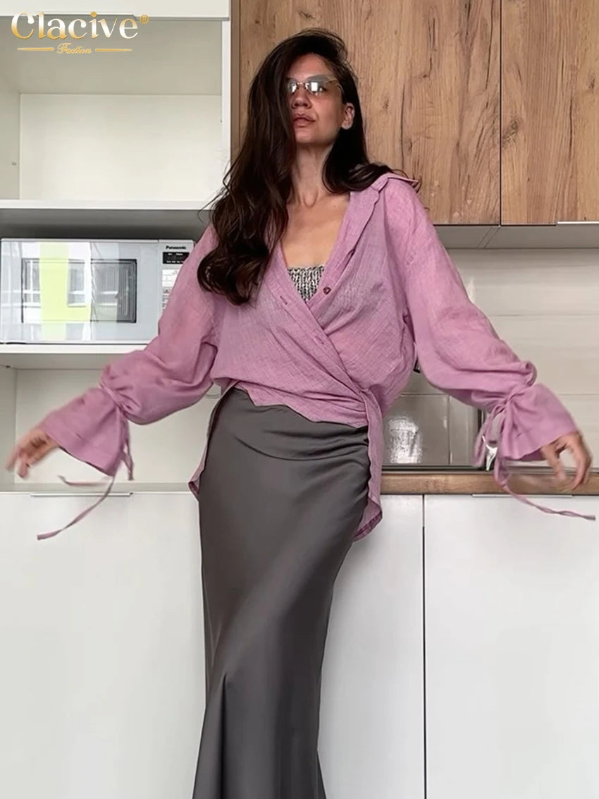 Clacive Fashion Loose Khaki Women's Blouse 2025 Elegant Lapel Long Sleeve Shirt Elegant Classic Solid Top Female Clothing