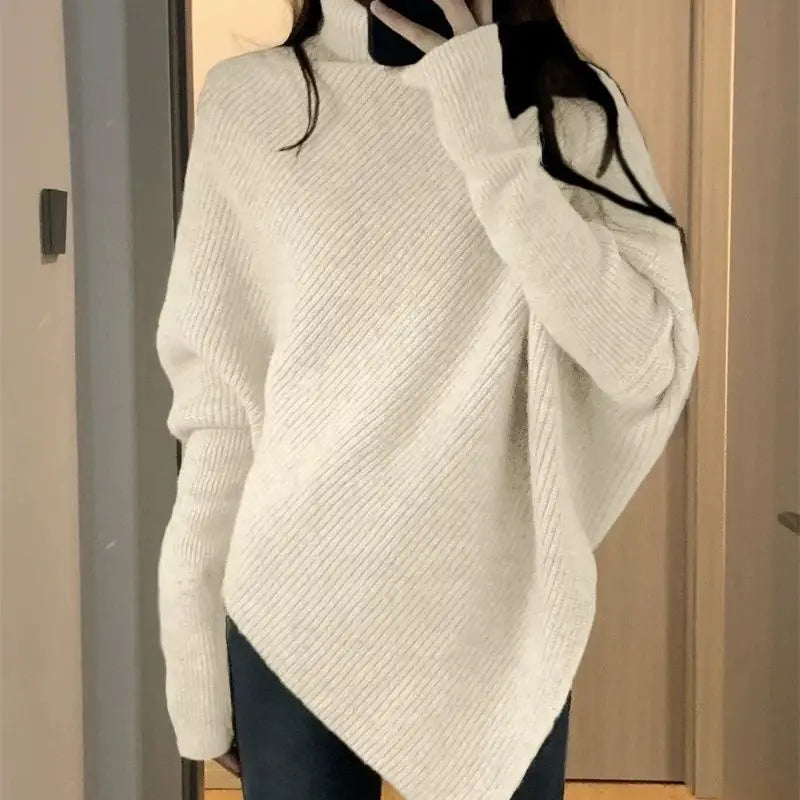 Autumn Winter New Women Sweater Korean Fashion Chic Casual Turtleneck Solid Asymmetr Loose Batwing Sleeve Pullovers Knitted Tops