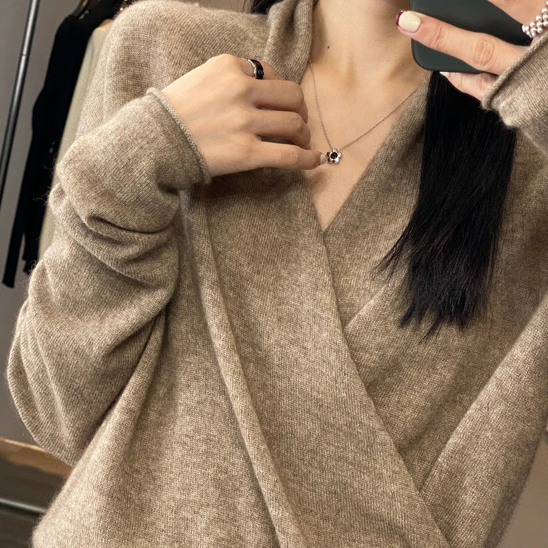 Women's Combined Clothing Autumn And Winter New Item 100% Merino Wool Knitted Sweater Loose Top Sexy Top Cashmere Sweater YC205