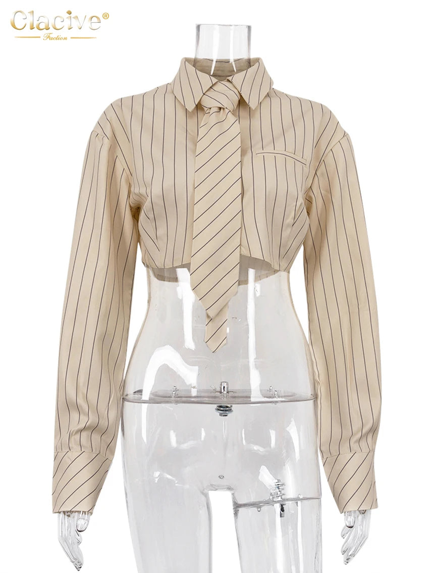Clacive Fashion Stripe Print Women'S Shirts Elegant Lapel Long Sleeve Blouses Sexy Classic Tie Crop Top Female Clothing 2024