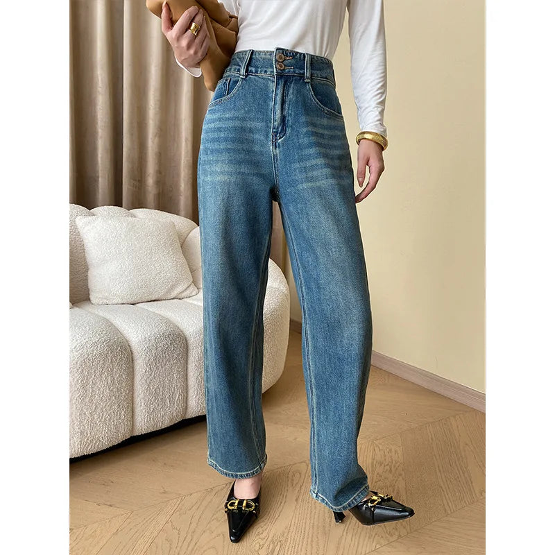 THEME 21 Women's Cotton High-Waisted Straight-Leg Jeans 2025 Fall/Winter New Fashion Casual Slimming Wide-Leg Pants Hot Sales