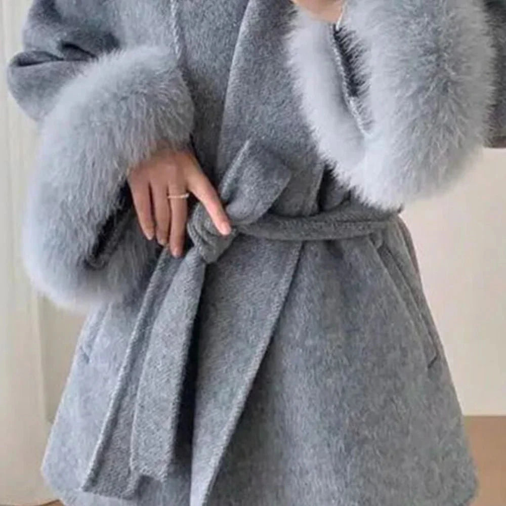 CICI Fox Fur Wool Overcoat Women's Short Coat Office Lady Elegant Double-sided Woolen Coat 2025 New Cardigan Jackets Loose Wool