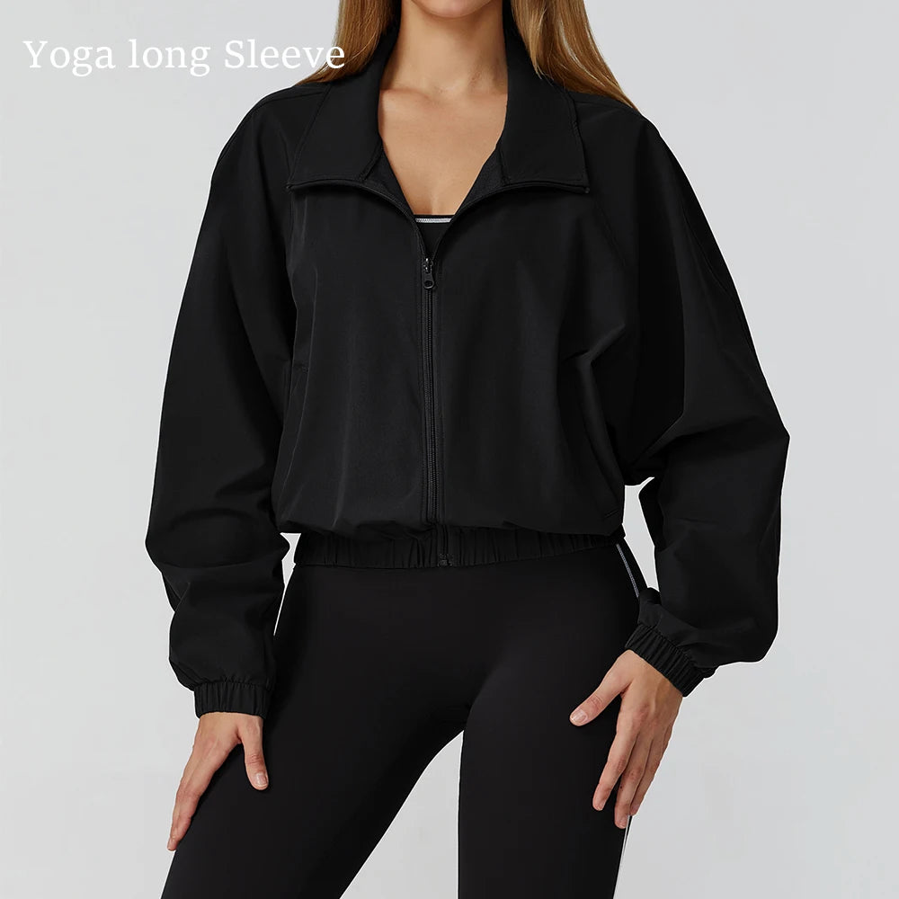 Women Zipper and Pockets Yoga Long Sleeve Gym Fitness Jacket Female Running Workout Sports Tops Windproof Yoga Top Sportswear