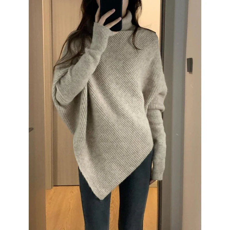 Autumn Winter New Women Sweater Korean Fashion Chic Casual Turtleneck Solid Asymmetr Loose Batwing Sleeve Pullovers Knitted Tops