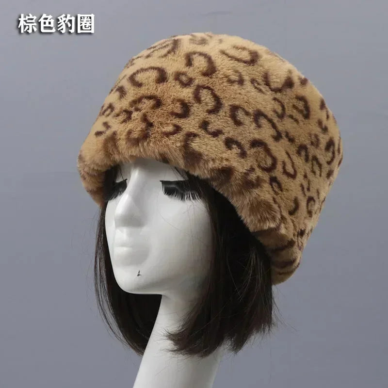 Faux Fur Hats for Women Winter Autumn Fluffy Russian Hat Winter Cap Female Beanies Solid Color Leopard Print Bonnets