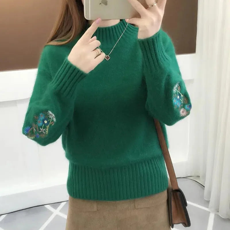 Autumn Winter 2025 New Embroidered Sleeves with Long Sleeves Knit Pullover Women Clothing Vintage All-match O-neckLoose Sweaters