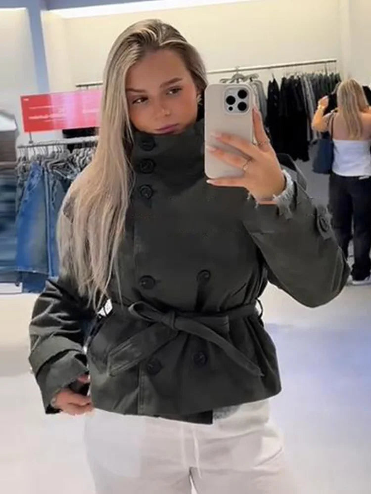 Casual Stand Collar Women Jacket with Belt Elegant New Long Sleeve Single Breasted Coats 2025 Autumn Lady Outerwear High Street