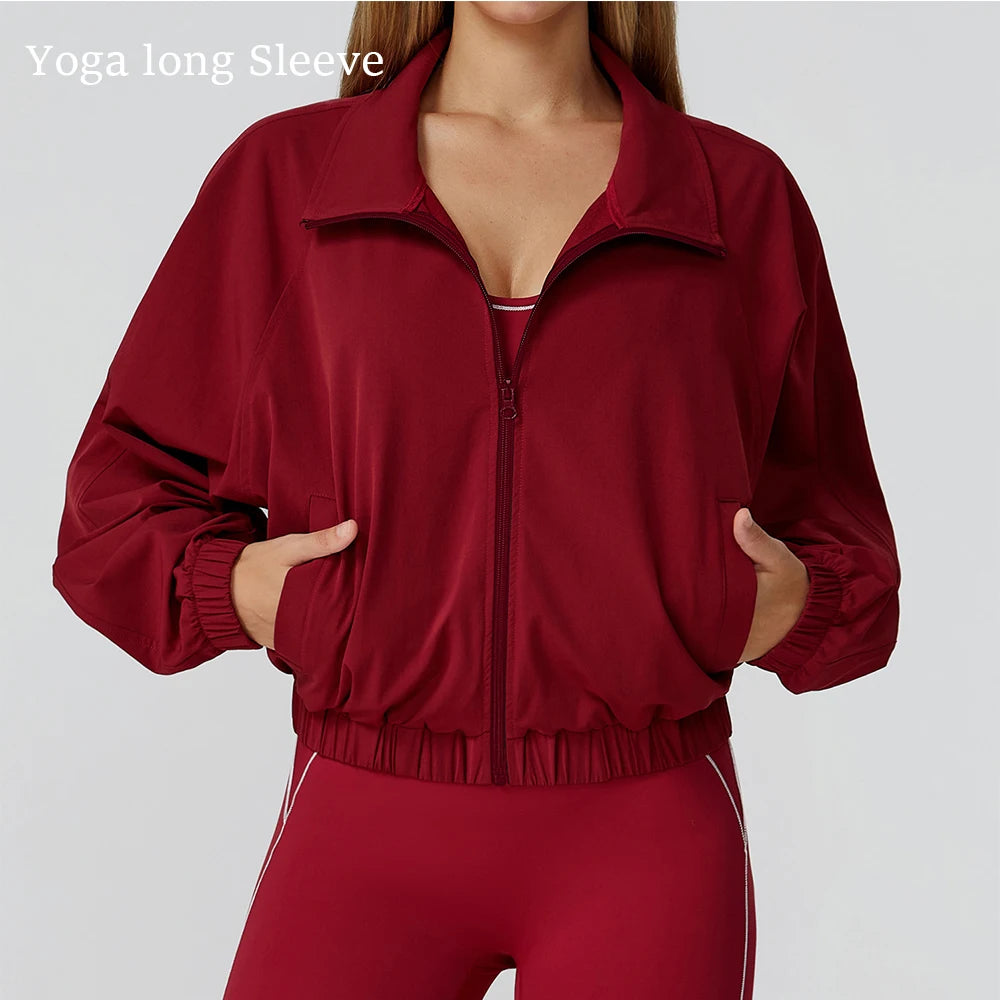 Women Zipper and Pockets Yoga Long Sleeve Gym Fitness Jacket Female Running Workout Sports Tops Windproof Yoga Top Sportswear