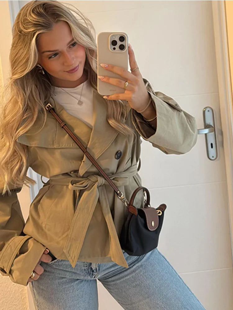 Casual Stand Collar Women Jacket with Belt Elegant New Long Sleeve Single Breasted Coats 2025 Autumn Lady Outerwear High Street