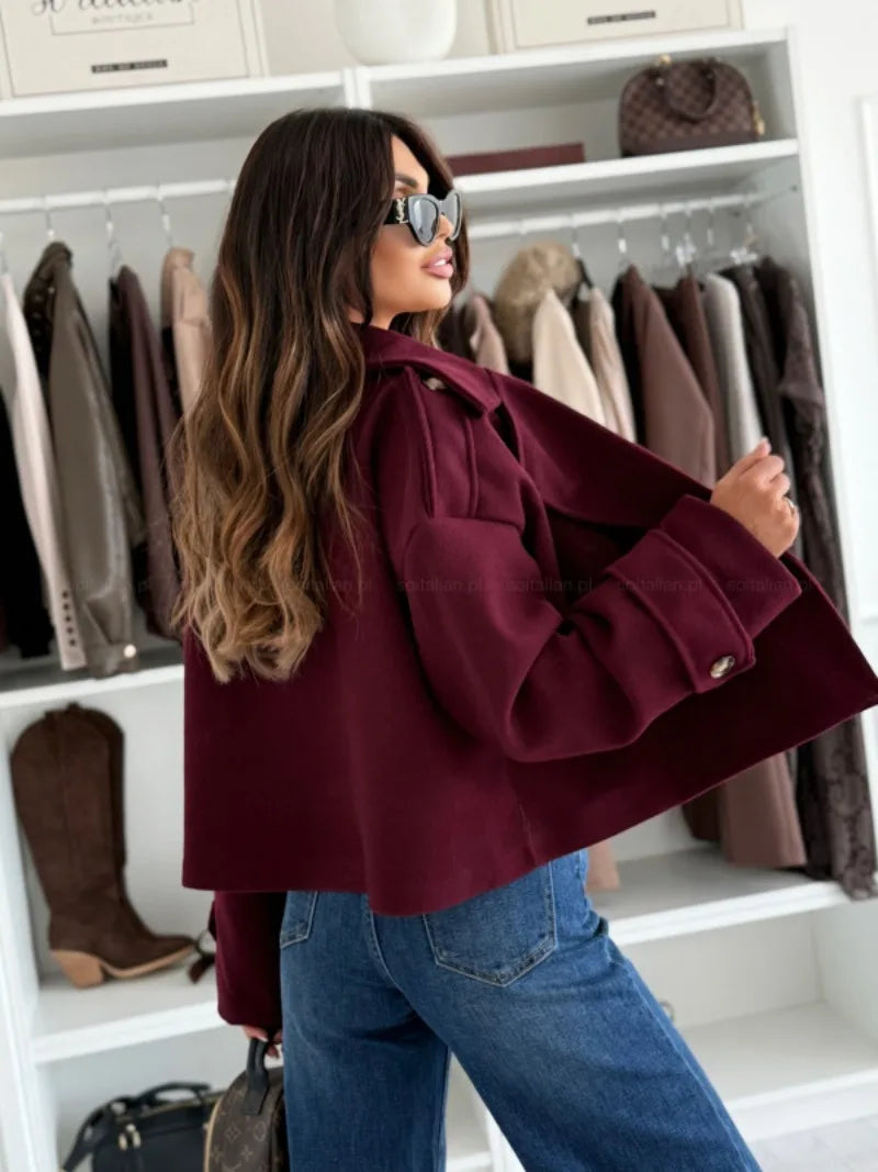 Dames Herfst Winter Kort Type Turn-down Kraag Jas Effen Kleur Losse Knoopsluiting Vest OL Woon-werkverkeer Jas Dame Uitloper