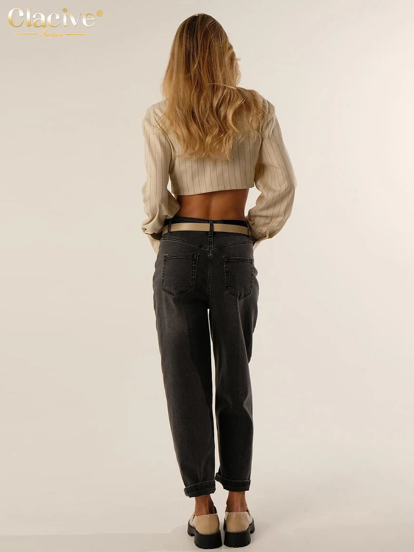 Clacive Fashion Stripe Print Women'S Shirts Elegant Lapel Long Sleeve Blouses Sexy Classic Tie Crop Top Female Clothing 2024